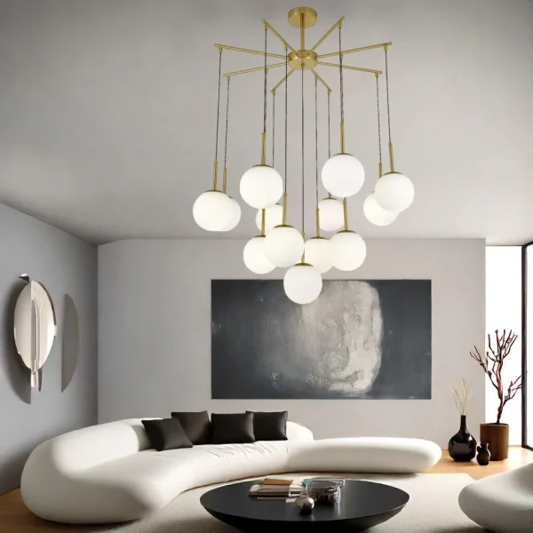 Κρεμαστός φωτιστικό DM Living, Μοντέλο DM-F006/13, Με 13 Καπέλα, 13 x E27, Ρυθμιζόμενο Ύψος, Χρυσό/Λευκό